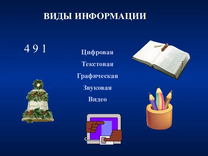 ВИДЫ ИНФОРМАЦИИ 4 9 1 Цифровая Текстовая Графическая Звуковая Видео