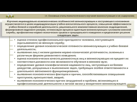 67 14. Основные этапы психологического изучения военнослужащих и их содержание.