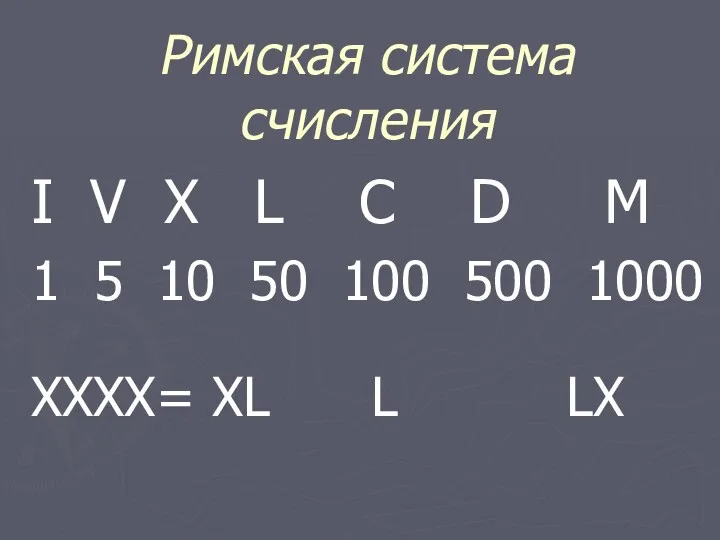 Римская система счисления I V X L C D M