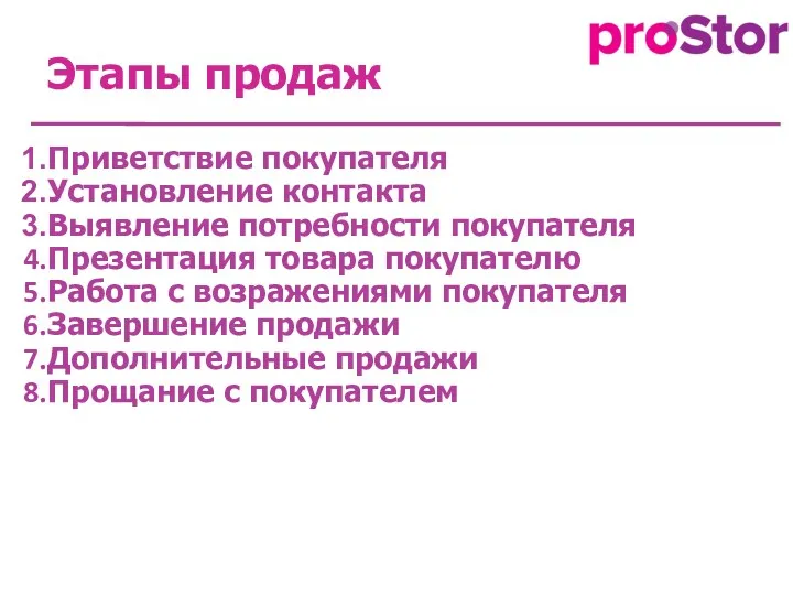 Приветствие покупателя Установление контакта Выявление потребности покупателя Презентация товара покупателю