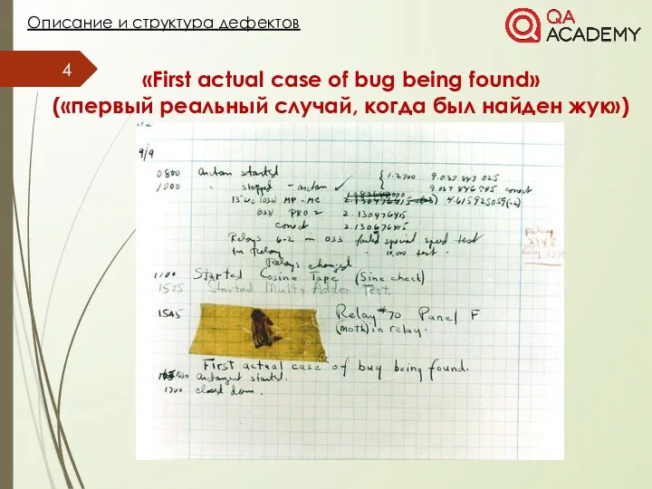 Описание и структура дефектов «First actual case of bug being