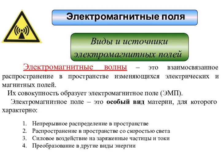 Электромагнитные поля Виды и источники электромагнитных полей Электромагнитные волны –