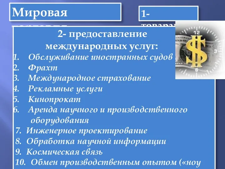 Мировая торговля 1- товарами 2- предоставление международных услуг: Обслуживание иностранных