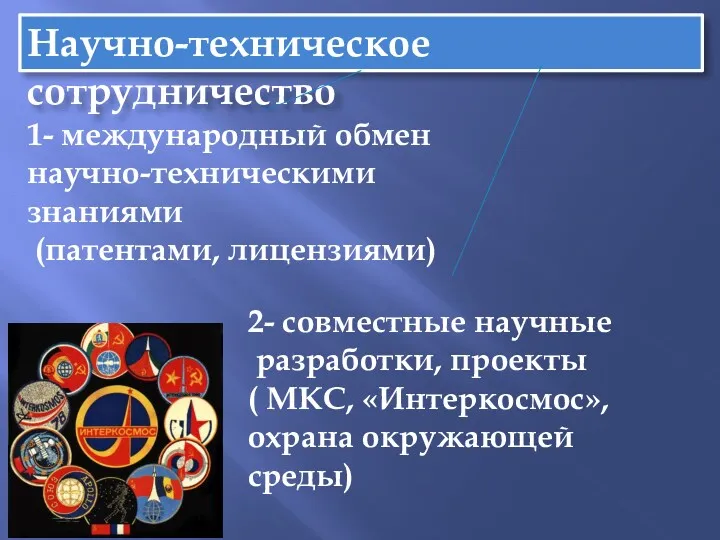 Научно-техническое сотрудничество 1- международный обмен научно-техническими знаниями (патентами, лицензиями) 2-