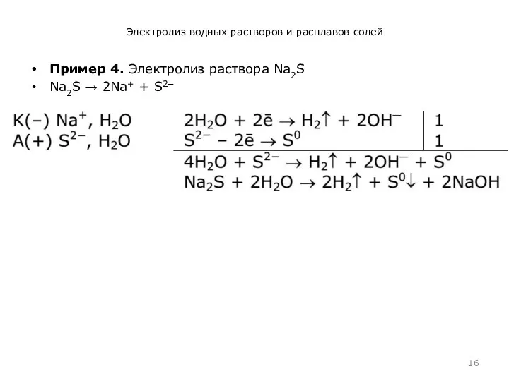 Электролиз водных растворов и расплавов солей Пример 4. Электролиз раствора Na2S Na2S → 2Na+ + S2−