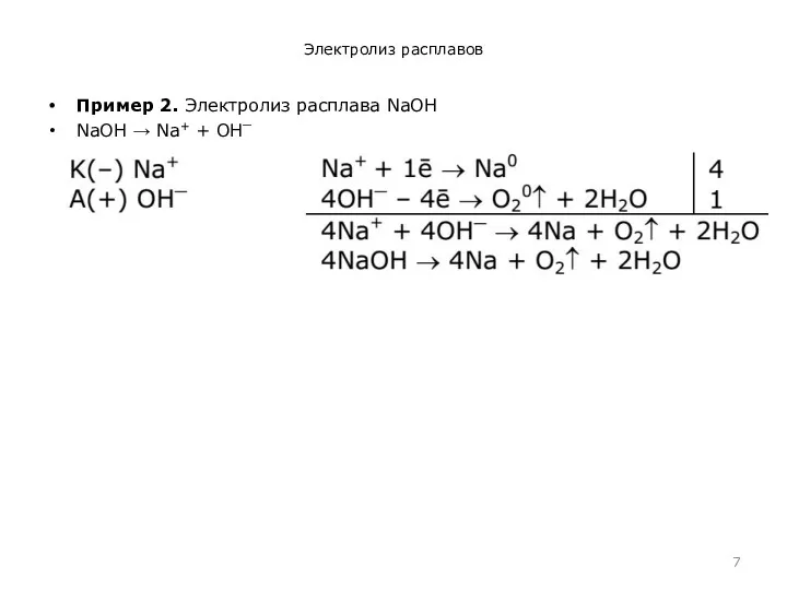 Электролиз расплавов Пример 2. Электролиз расплава NaOH NaOH → Na+ + ОН⎺