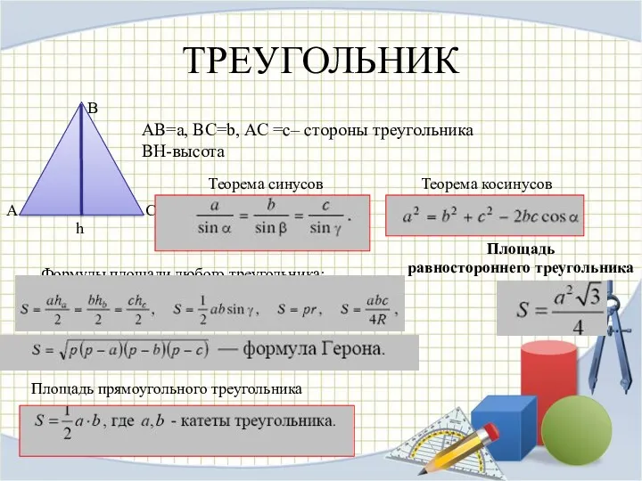 ТРЕУГОЛЬНИК h АВ=a, ВС=b, АС =c– стороны треугольника BH-высота Теорема
