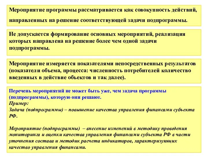 Мероприятие программы рассматривается как совокупность действий, направленных на решение соответствующей