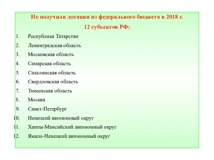 Не получили дотации из федерального бюджета в 2018 г. 12