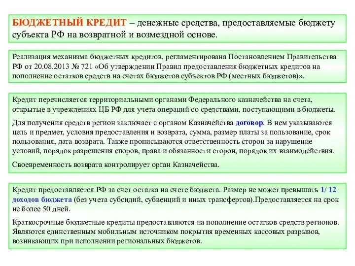 БЮДЖЕТНЫЙ КРЕДИТ – денежные средства, предоставляемые бюджету субъекта РФ на