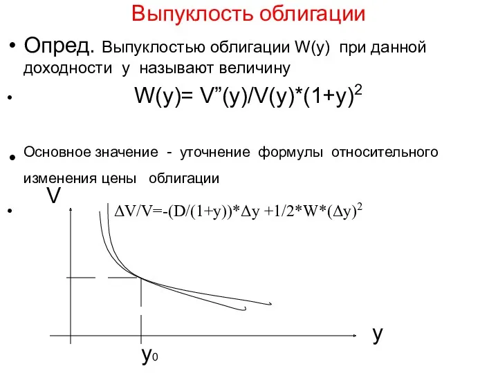 Выпуклость облигации Опред. Выпуклостью облигации W(y) при данной доходности y