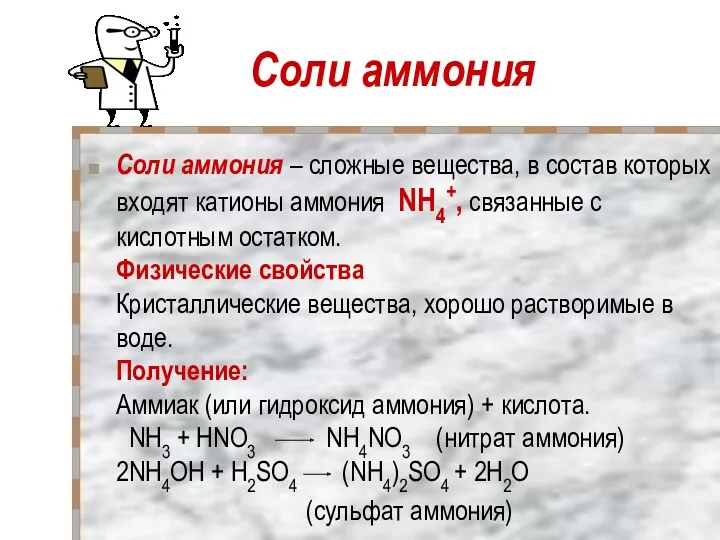 Соли аммония Соли аммония – сложные вещества, в состав которых
