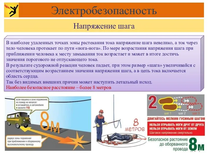 В наиболее удаленных точках зоны растекания тока напряжение шага невелико,