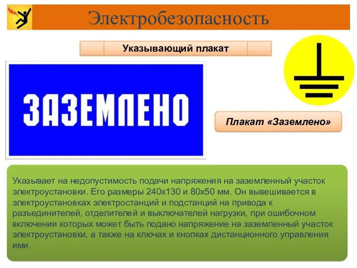 Указывающий плакат Плакат «Заземлено» Указывает на недопустимость подачи напряжения на