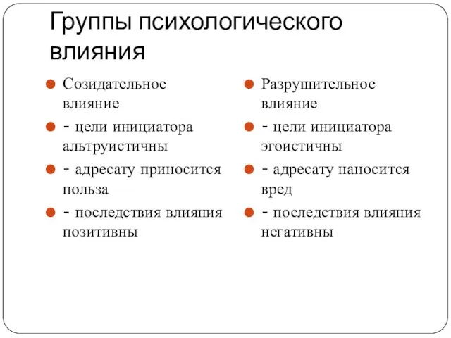 Группы психологического влияния Созидательное влияние - цели инициатора альтруистичны -