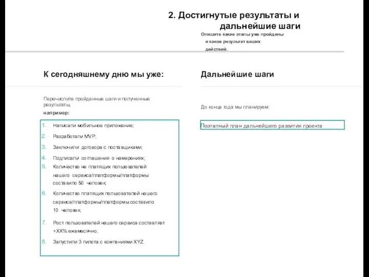 2. Достигнутые результаты и дальнейшие шаги Опишите какие этапы уже