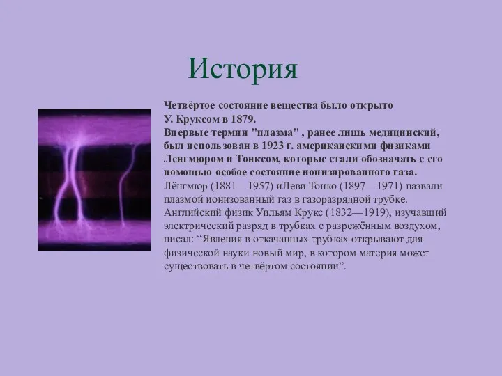 История Четвёртое состояние вещества было открыто У. Круксом в 1879.