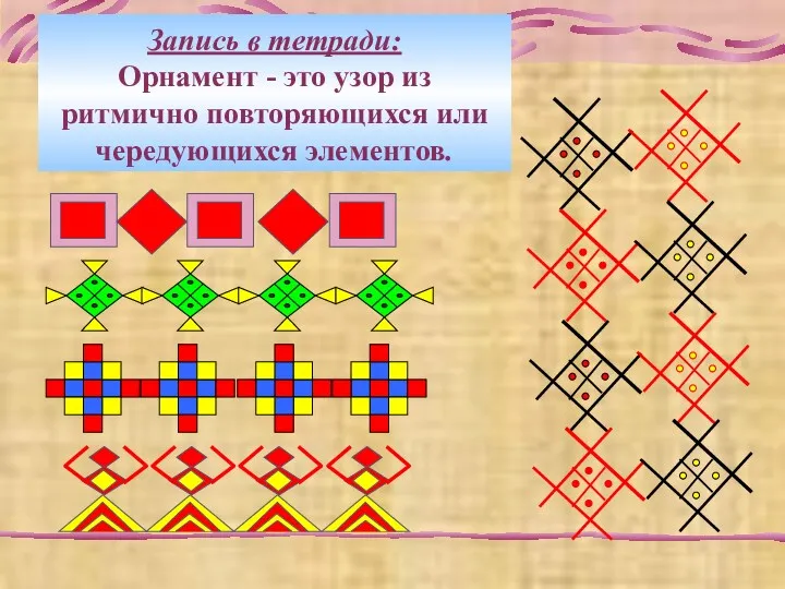 Запись в тетради: Орнамент - это узор из ритмично повторяющихся или чередующихся элементов.