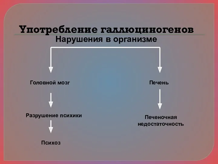 Употребление галлюциногенов Головной мозг Психоз Печень Печеночная недостаточность Разрушение психики Нарушения в организме