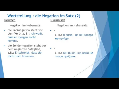 Wortstellung : die Negation im Satz (2) Deutsch Negation im Nebensatz: die Satznegation