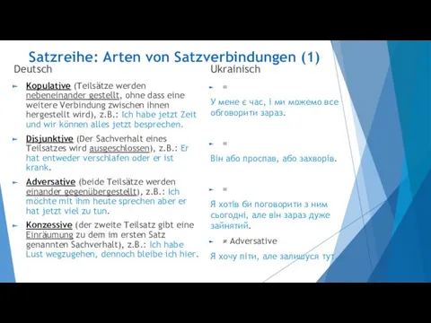 Satzreihe: Arten von Satzverbindungen (1) Deutsch Kopulative (Teilsätze werden nebeneinander gestellt, ohne dass