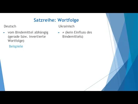 Satzreihe: Wortfolge Deutsch vom Bindemittel abhängig (gerade bzw. invertierte Wortfolge) Beispiele Ukrainisch ≠