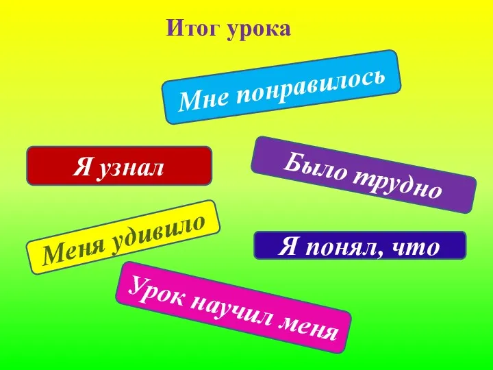 Итог урока Мне понравилось Я узнал Было трудно Я понял, что Меня удивило Урок научил меня