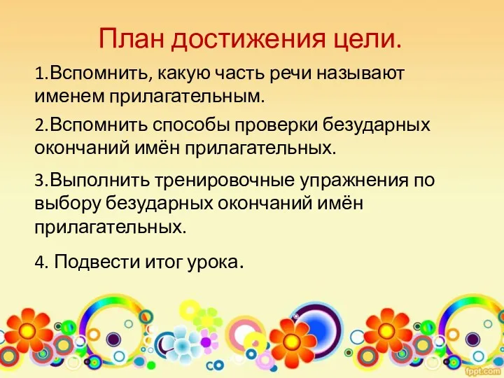 План достижения цели. 1.Вспомнить, какую часть речи называют именем прилагательным.