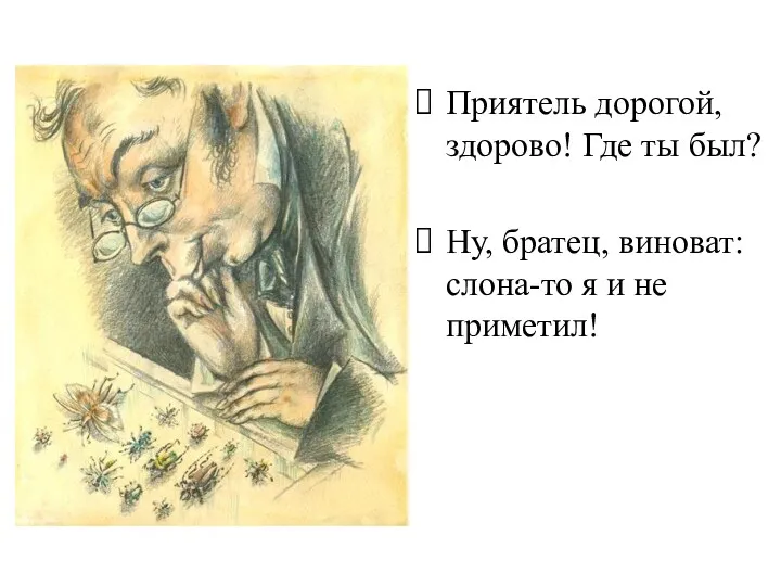 Приятель дорогой, здорово! Где ты был? Ну, братец, виноват: слона-то я и не приметил!