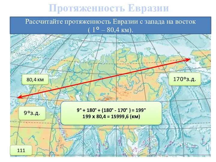 Протяженность Евразии Рассчитайте протяженность Евразии с запада на восток ( 1° – 80,4