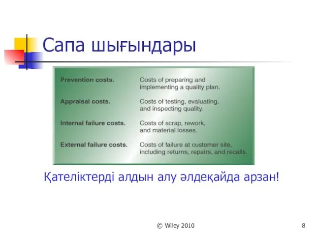 © Wiley 2010 Сапа шығындары Қателіктерді алдын алу әлдеқайда арзан!