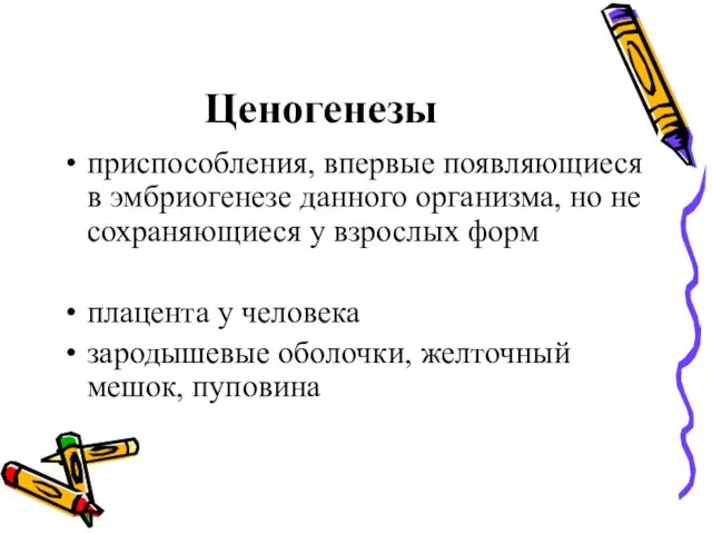 Ценогенезы приспособления, впервые появляющиеся в эмбриогенезе данного организма, но не сохраняющиеся у взрослых