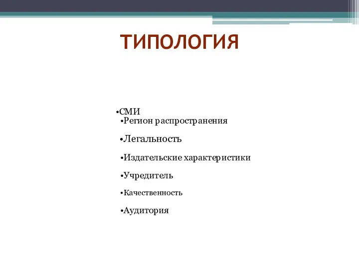 ТИПОЛОГИЯ СМИ Регион распространения Легальность Издательские характеристики Учредитель Качественность Аудитория