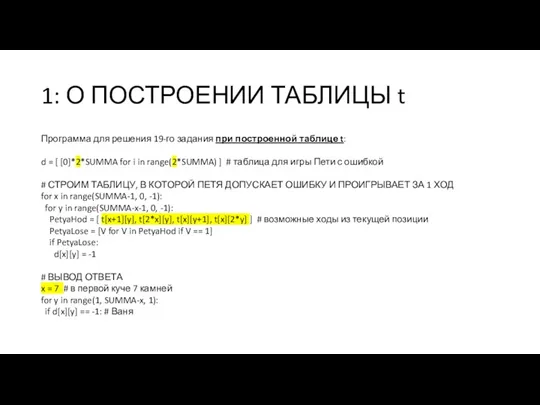 1: О ПОСТРОЕНИИ ТАБЛИЦЫ t Программа для решения 19-го задания