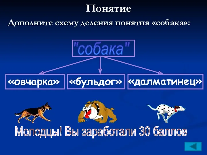 Понятие Дополните схему деления понятия «собака»: Молодцы! Вы заработали 30 баллов «овчарка» "собака" «бульдог» «далматинец»