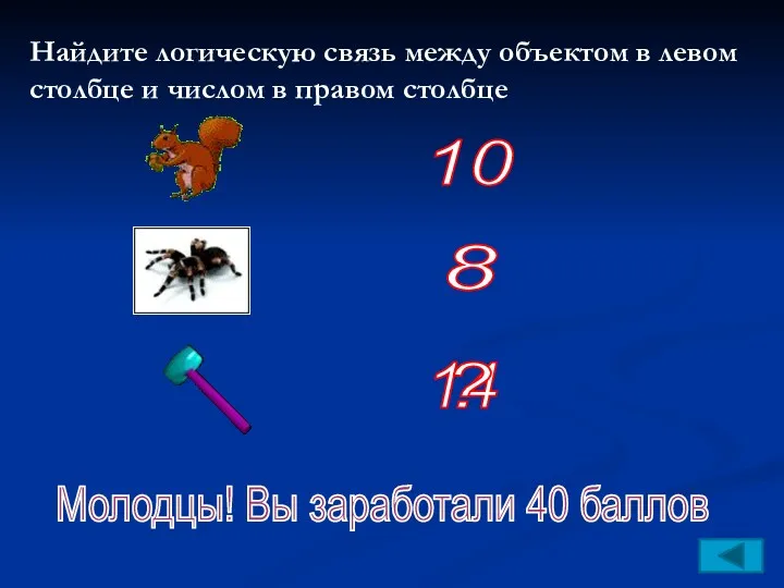 Молодцы! Вы заработали 40 баллов Найдите логическую связь между объектом в левом столбце