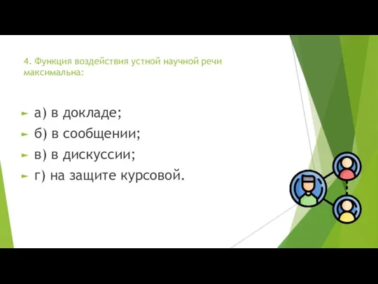 4. Функция воздействия устной научной речи максимальна: а) в докладе;