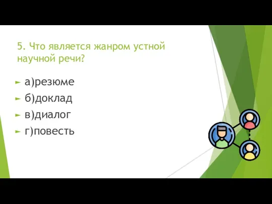 5. Что является жанром устной научной речи? а)резюме б)доклад в)диалог г)повесть