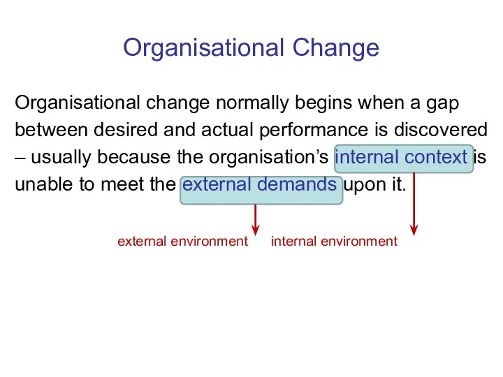 Organisational Change Organisational change normally begins when a gap between