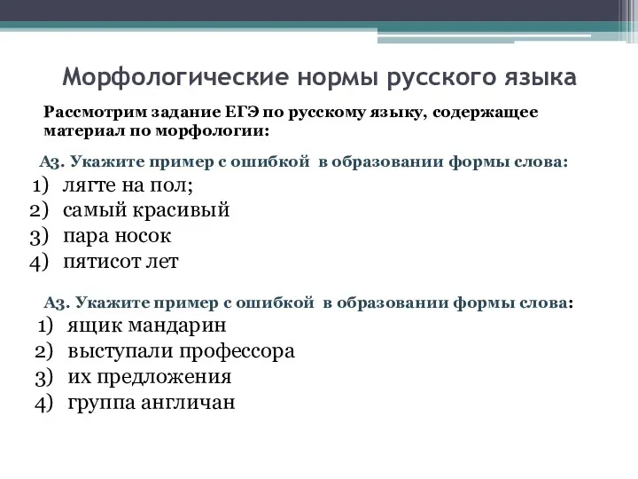 Морфологические нормы русского языка Рассмотрим задание ЕГЭ по русскому языку,