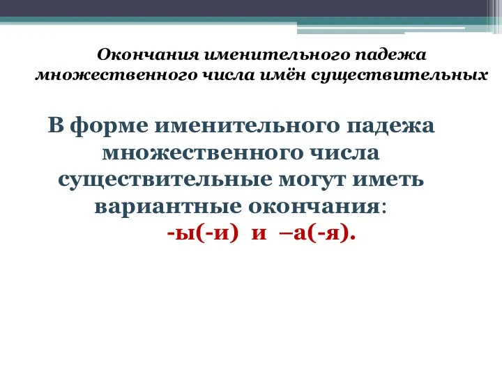 Окончания именительного падежа множественного числа имён существительных В форме именительного