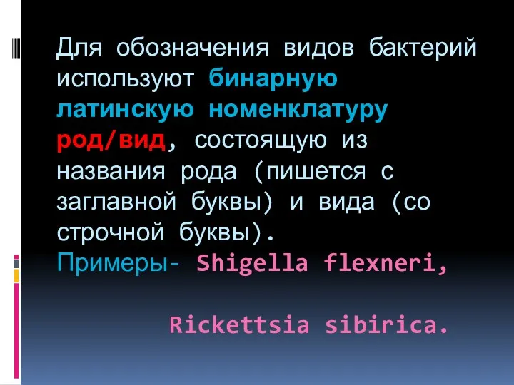 Для обозначения видов бактерий используют бинарную латинскую номенклатуру род/вид, состоящую