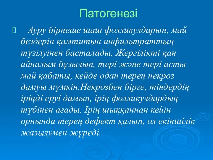 Патогенезі Ауру бірнеше шаш фолликулдарын, май бездерін қамтитын инфильтраттың түзілуінен