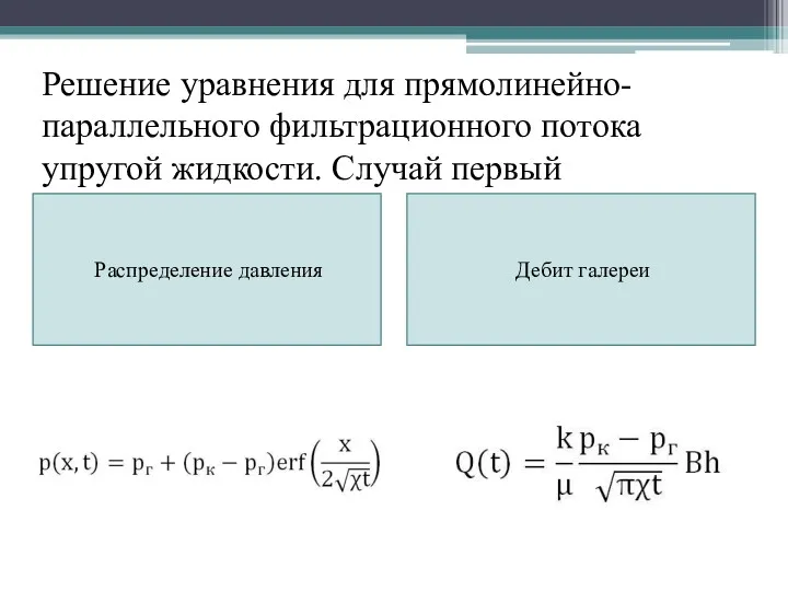 Решение уравнения для прямолинейно-параллельного фильтрационного потока упругой жидкости. Случай первый Распределение давления Дебит галереи