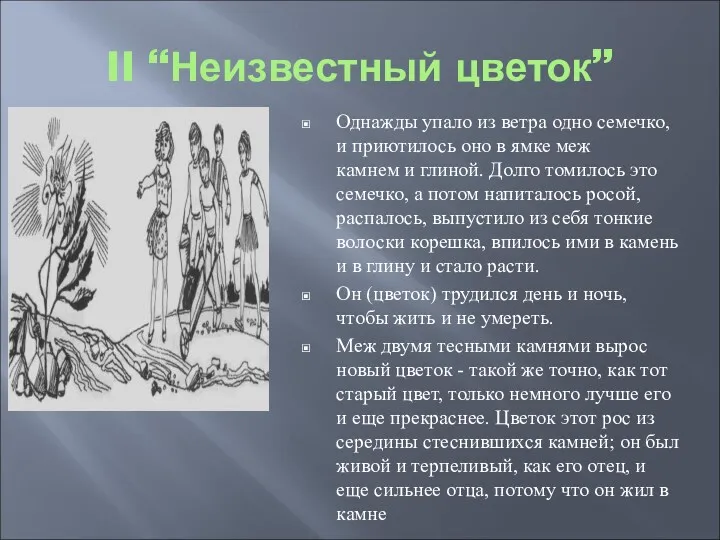 II “Неизвестный цветок” Однажды упало из ветра одно семечко, и