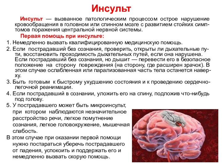 Инсульт Инсульт — вызванное патологическим процессом острое нарушение кровообращения в головном или спинном