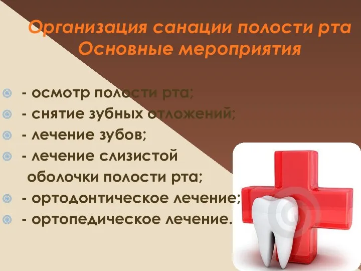 Организация санации полости рта Основные мероприятия - осмотр полости рта;