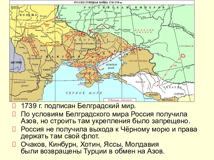 1739 г. подписан Белградский мир. По условиям Белградского мира Россия