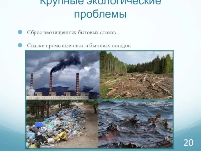 Крупные экологические проблемы Сброс неочищенных бытовых стоков Свалки промышленных и бытовых отходов