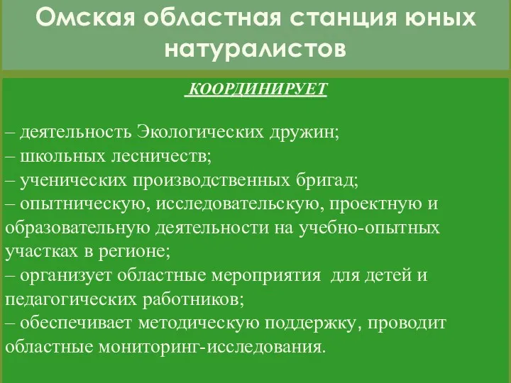 3 Омская областная станция юных натуралистов КООРДИНИРУЕТ ‒ деятельность Экологических дружин; ‒ школьных